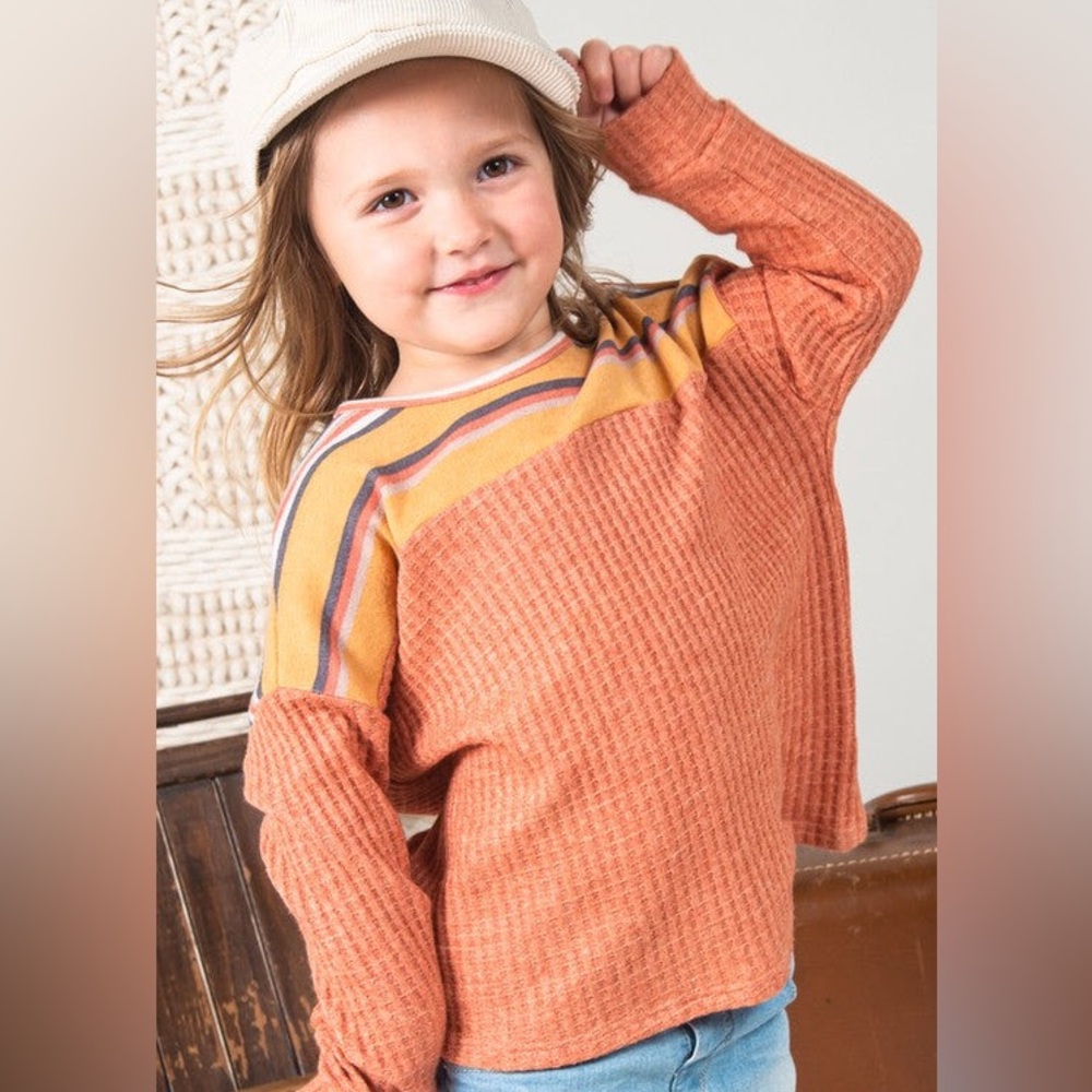 Girls Stripe Waffle Knit Top- Rust